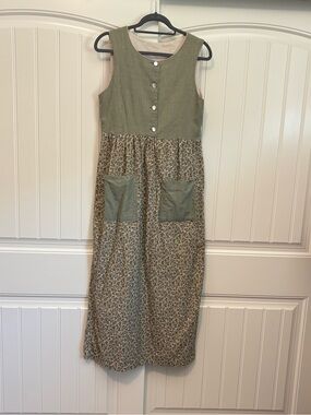 vintage gingham sleeveless cottagecore floral maxi dress size medium green tan